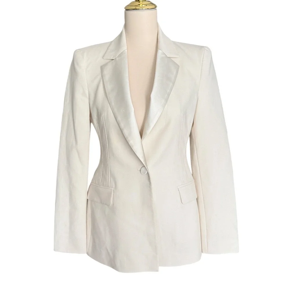 Zara Womens Cream White‎ Satin Lapel Tailored Single Button Blazer XS